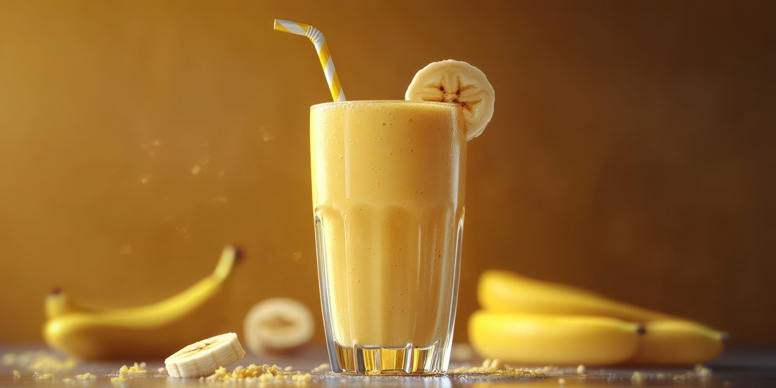 Delicious banana smoothie served in a glass with banana slices on a sunny background